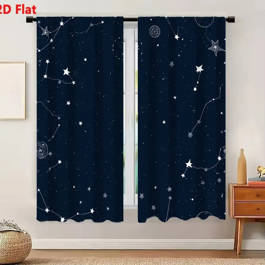 2Pcs Curtains 2D Flat Celestial Night Sky Pattern With Stars Planets And Constellations On Navy Blue Background Window Drapes fo