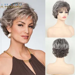 Synthetic Grey Gradient Wig Short Pixie Cut Wigs for Women Dark Root Realistic Straight Hair Mommy Wig with Bang