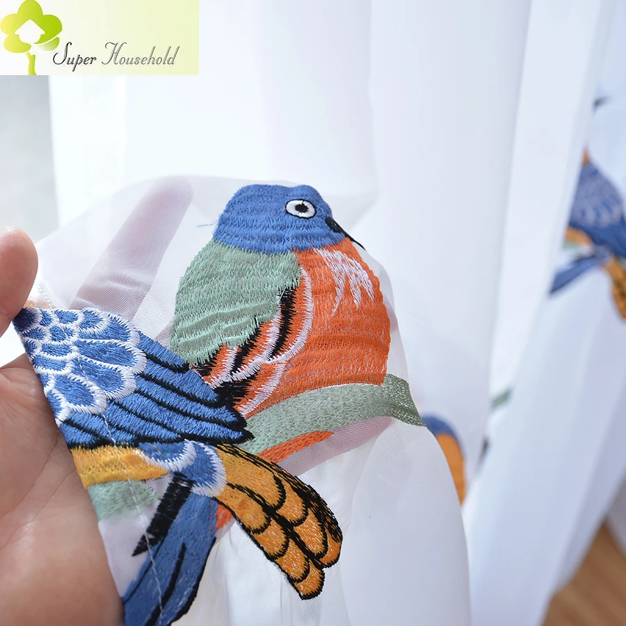 Modern Embroidered Bird Curtains Living Room Cotton Linen Window Tulle for Kid Bedroom Elegant White Sheer Curtain for Kitchen