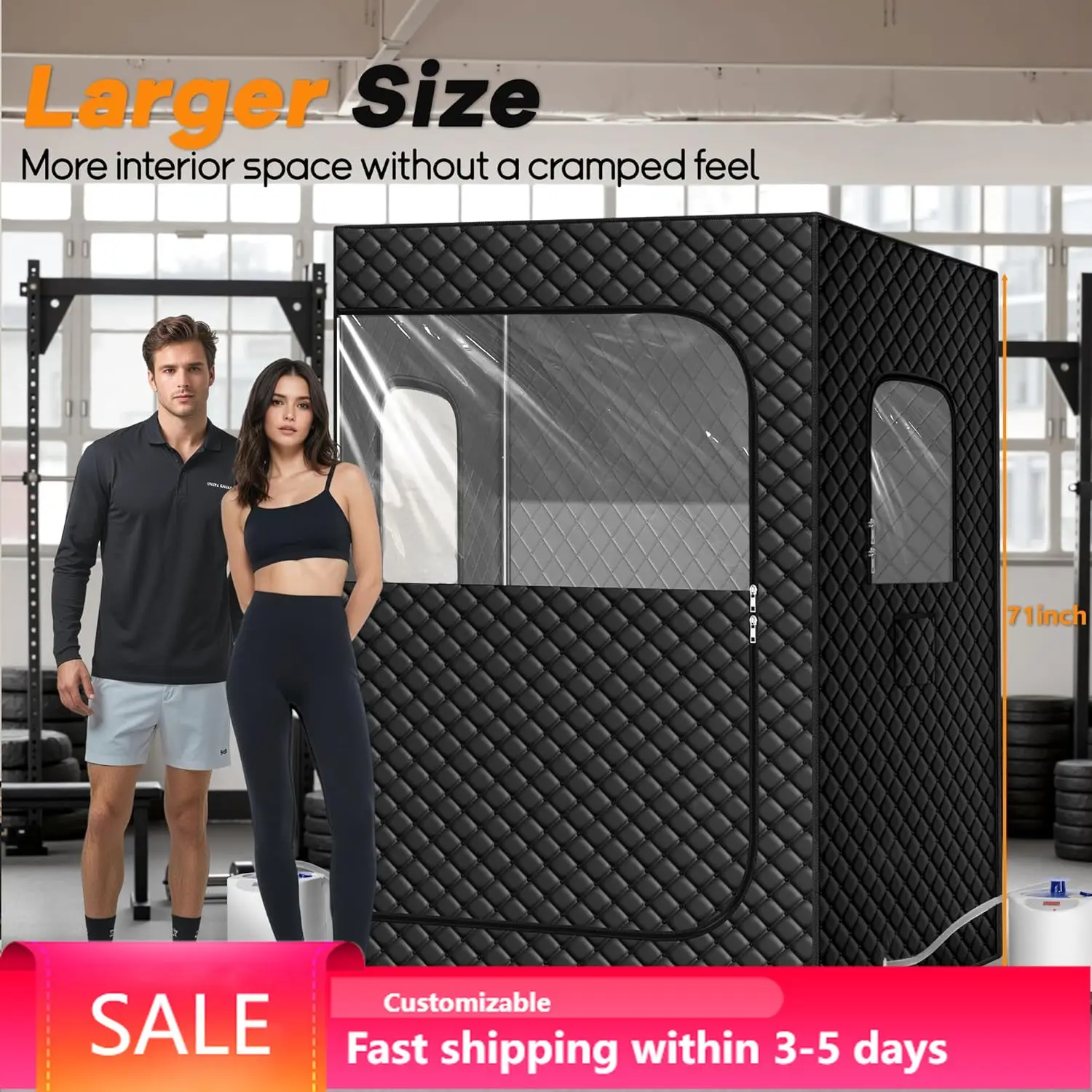 2 Person Portable Steam Sauna for Home, Extra Large Sauna Tent, Upgraded 2 Steamer, 2 Foldable Chair & Remote Control, Black
