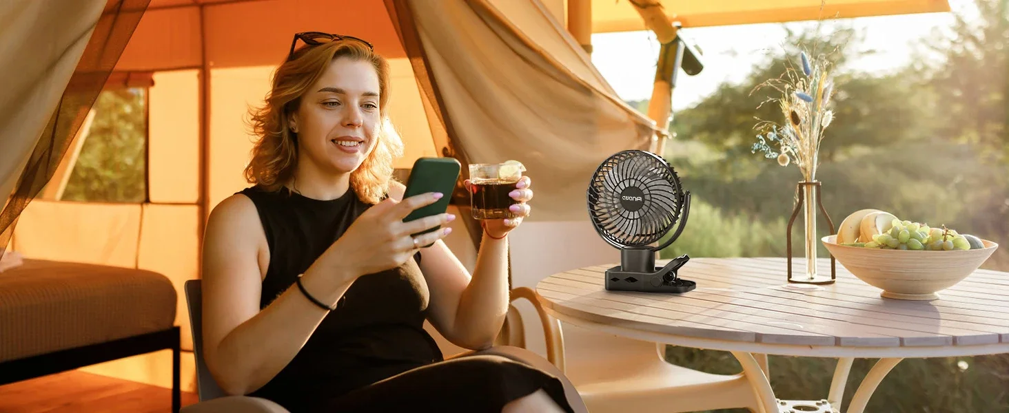 Portable camping fan with rechargeable 10000mAh battery, three-speed, 360° rotation, with hook for remote control