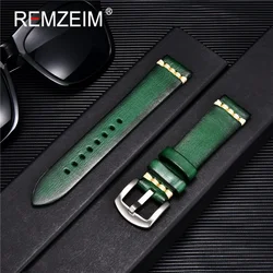 REMZEIM-Correa de reloj de cuero genuino, accesorios de reloj verde de moda con botón sólido, de calidad, 18mm, 20mm, 22mm, 24mm