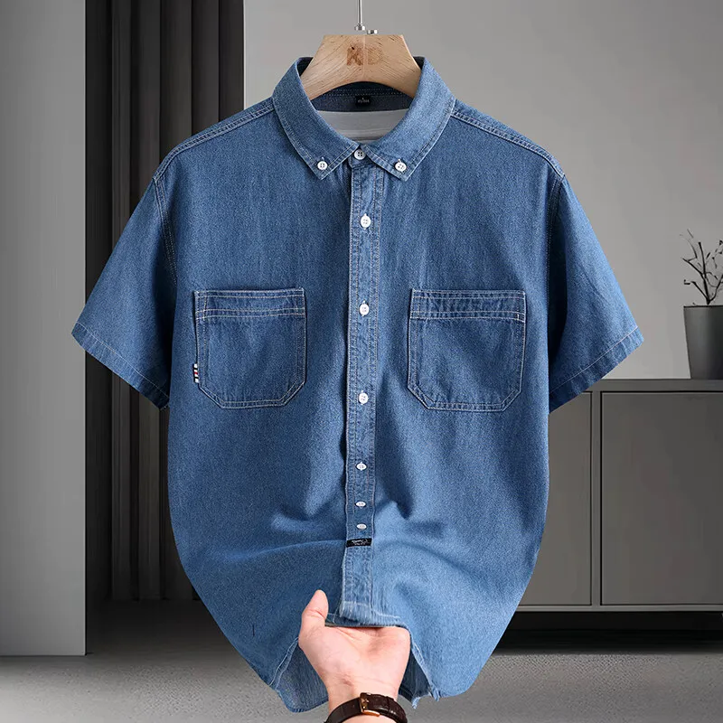 

New Summer Trend Retro Solid Color Short Sleeve Denim Shirt Men's Casual Loose Sports Breathable Large Size High Quality Shirt