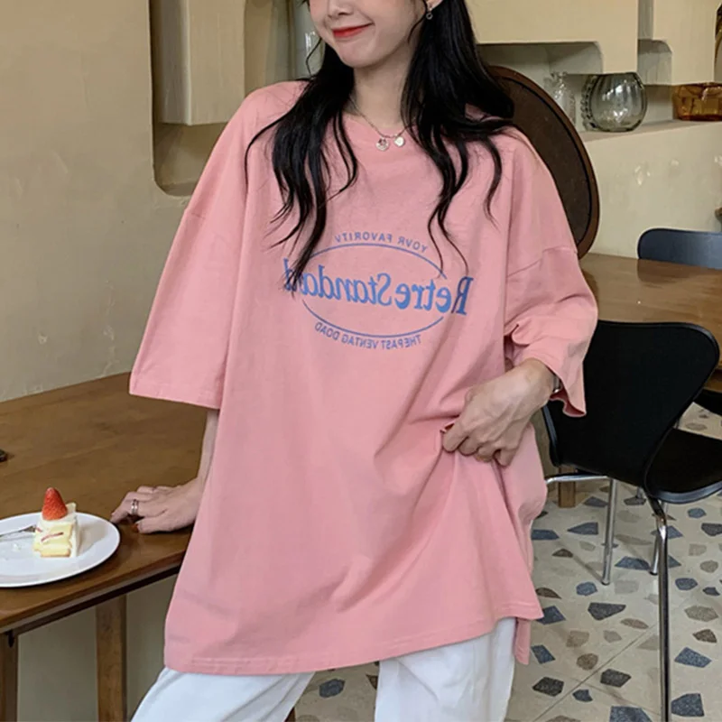 Short Sleeve Pink Women T Shirts 2024 New Summer Korean Style Loose Casual Tops Tees Streetwear Letter Printed Female T-shirt