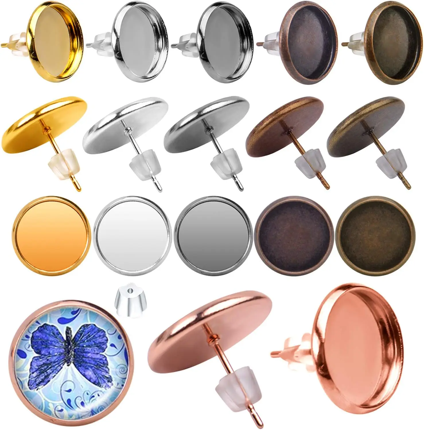 

60 шт., пустая серьга-гвоздик из нержавеющей стали, безель, чашка, подходит для кабошона 12 мм с 60 шт., прозрачные задние части сережек для изготовления ювелирных изделий