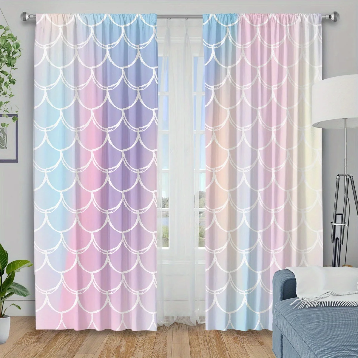 Vibrant Pastel Gradient Ombre Curtains Window Drapes Wave Pattern Scale Design Romantic Living Room Bedroom Panels Home Decor Tr