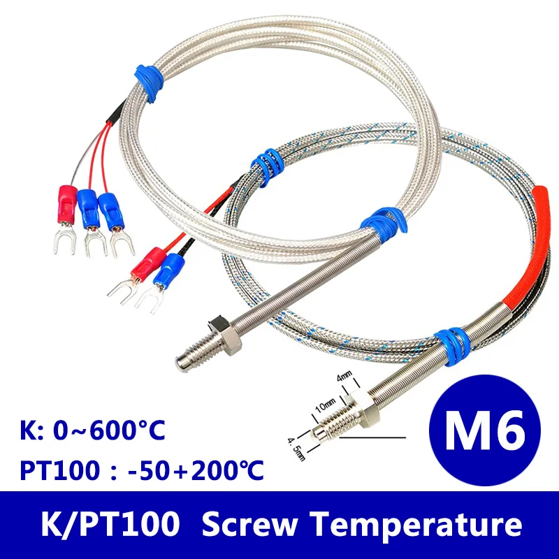

M6 K/PT100 Screw temperature sensor , Sonda de Temperatura con Resorte, Alta Precisión, Cableado Resistente,Thermocouple 600℃