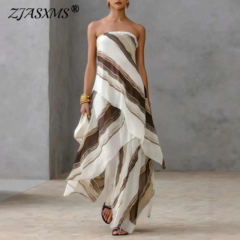 Women Diagonal Stripe Maxi Dress Strapless Tube Top Asymmetrical Multi Layer Ruffle Flowy Long Dress Boho Vacation Beach Dresses