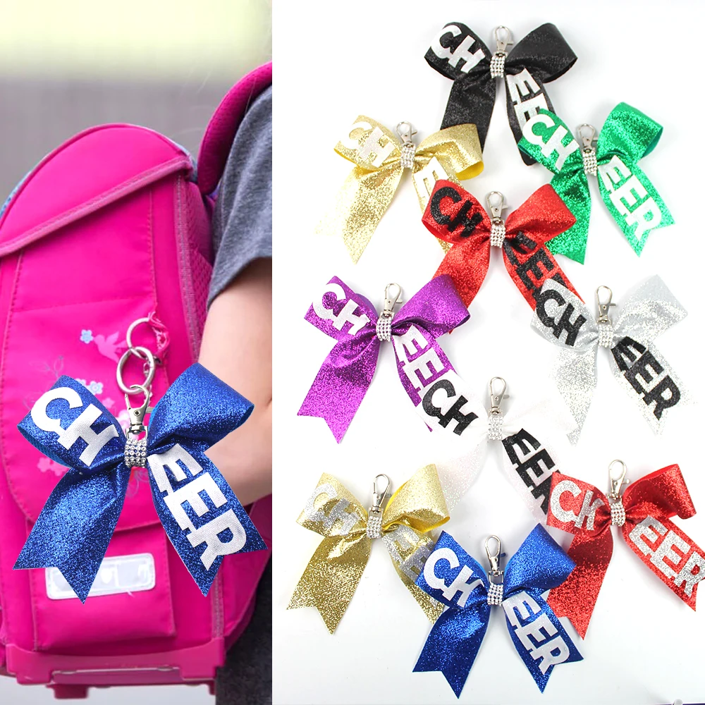 free shipping 50pcs cheerleading bow keyring glitter cheer keychain bag boutique cheer glitter decoration