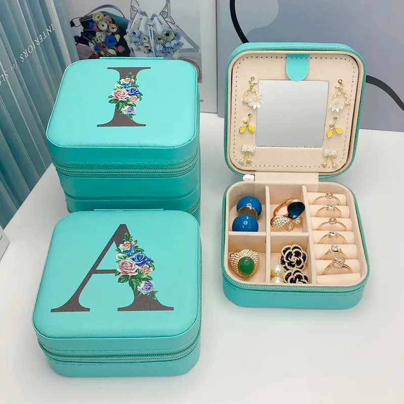Small Square PU Leather Jewelry Organizer - Personalized Letter Print Travel Jewelry Box with Mirror for Women