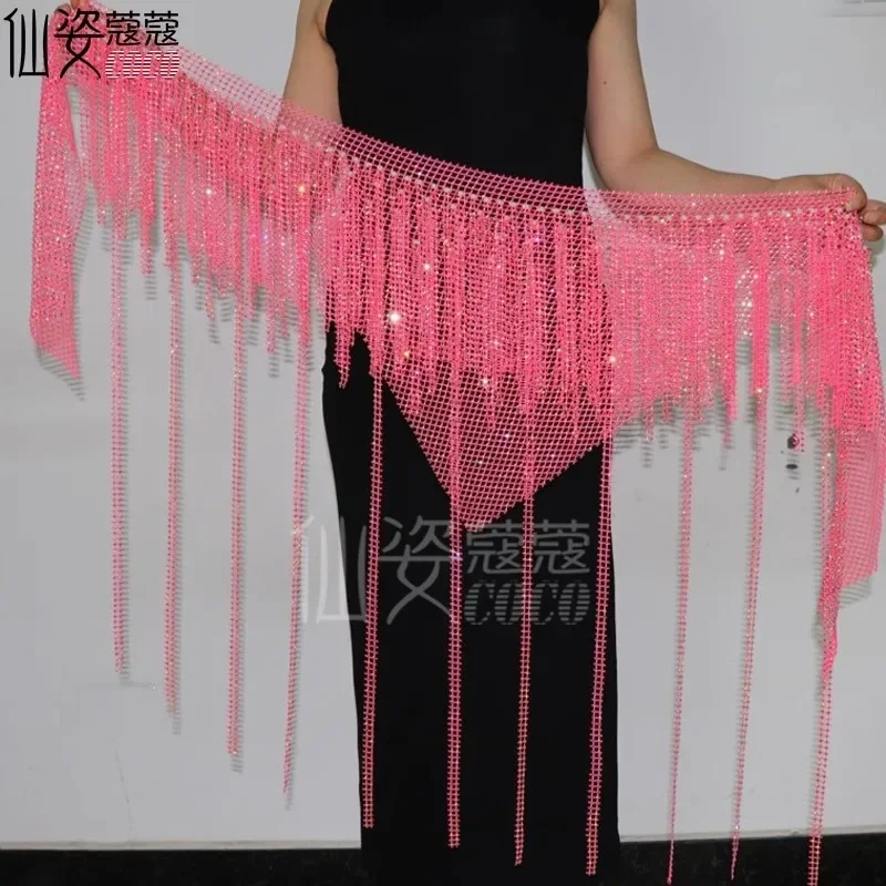 

Adult Women's Double Triangle Belly Dance Mesh Diamond Tassel Hip Scarf Sparkling Diamond Series 2024 singer costume women