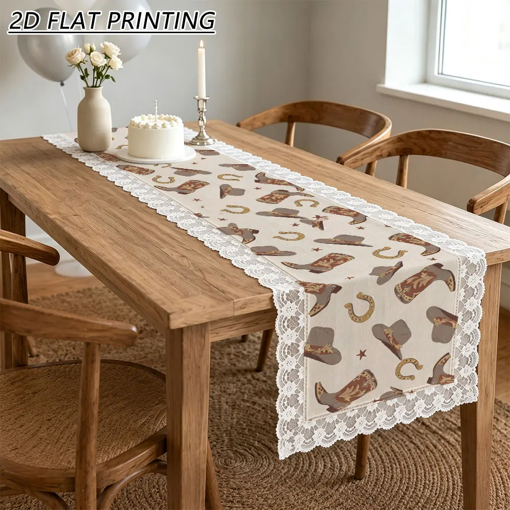 1pc Western Cowboy Boot Hat Horseshoe Pattern Tulle Lace Table Runner For Home Decor Farmhouse Dining