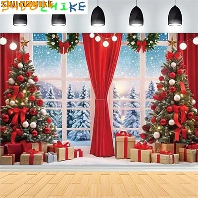 

Christmas Day New Year Party Photography Backdrops Prop Window Living Room Interior Xmas Tree Snow Theme Photo Background FN-06