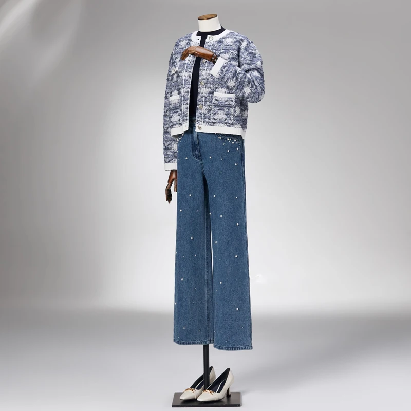 

Chic Hand-Sewn Pearl Embellied Straight Leg Slimming Jeans Women's High Waist Long Pants Diamond Insert Spring Summer