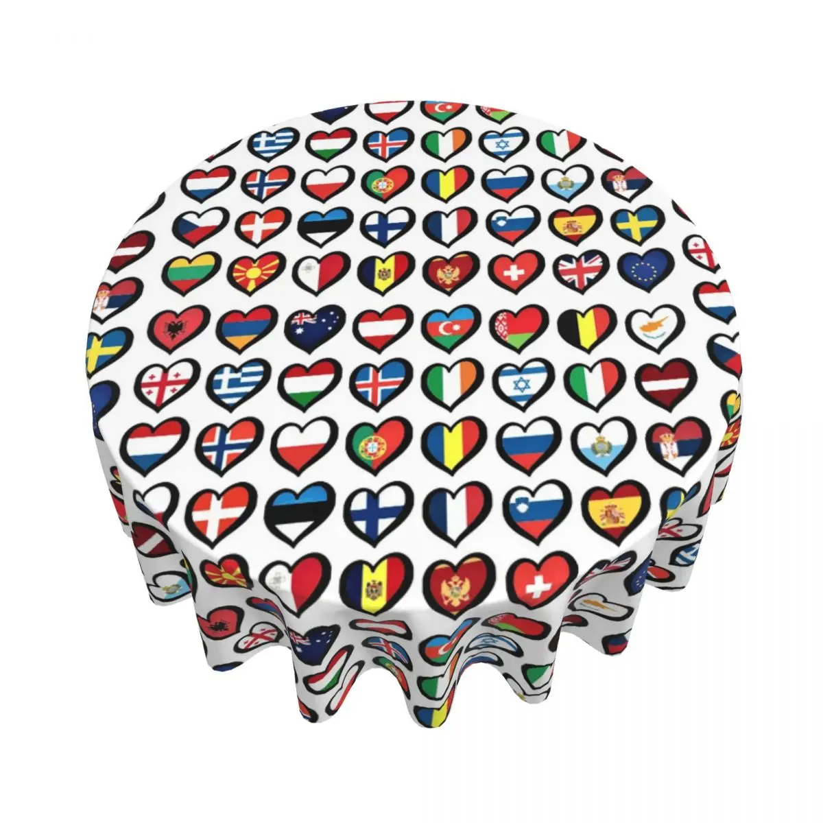 Eurovision Song Contest Flags Hearts ESC Waterproof Round Tablecloth Table Cloth for Kitchen Events Dining Table Cover 60 inches