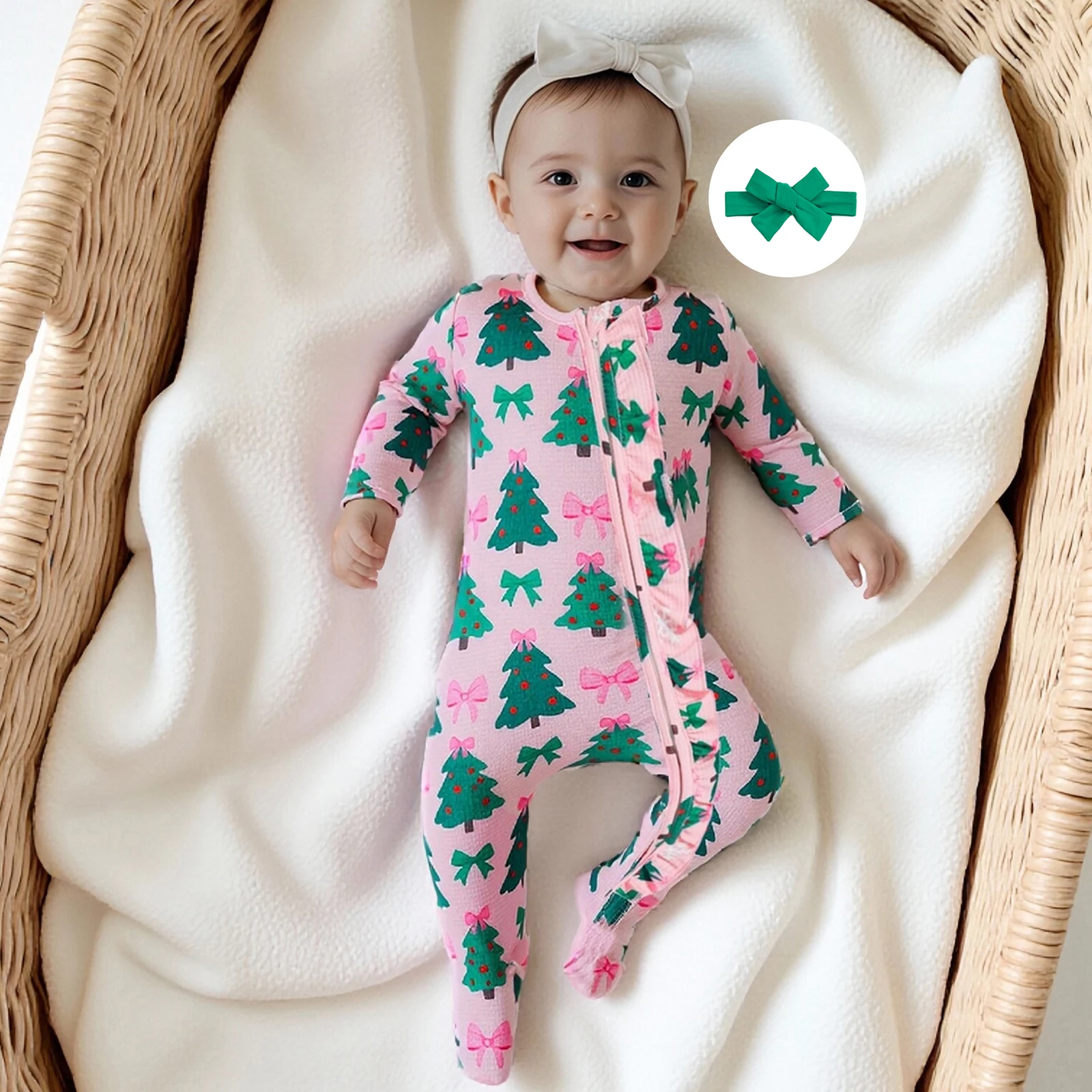 

Одежда для новорожденных, рождественский комбинезон для девочек, комбинезон на молнии с длинными рукавами и принтом Санта-Клауса/дерева, с круглым вырезом и повязкой на голову