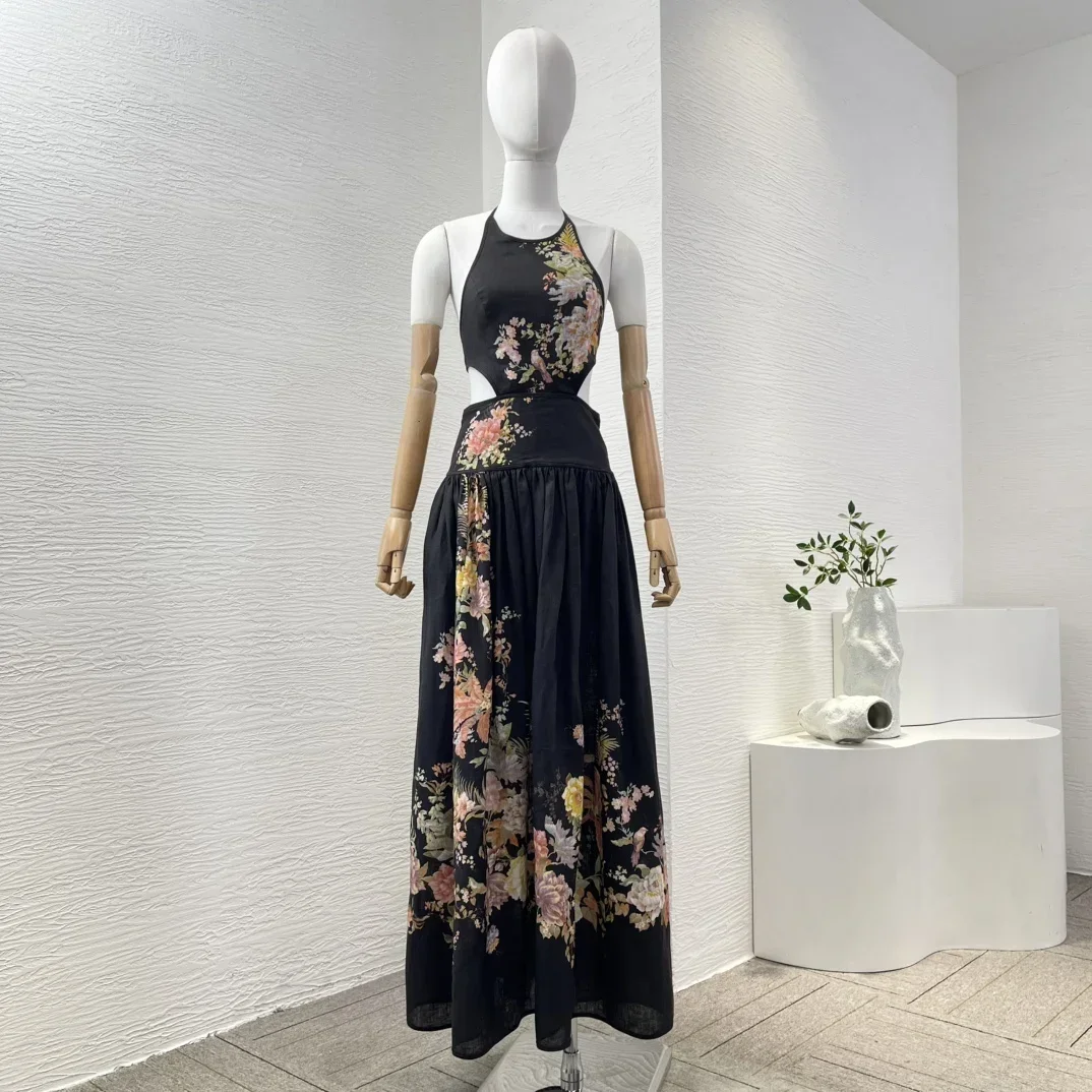 2025 New Holiday Design Cut Out Re-tro Floral Print Pure Linen High Quality Halter Pleats Women Maxi Black Dress