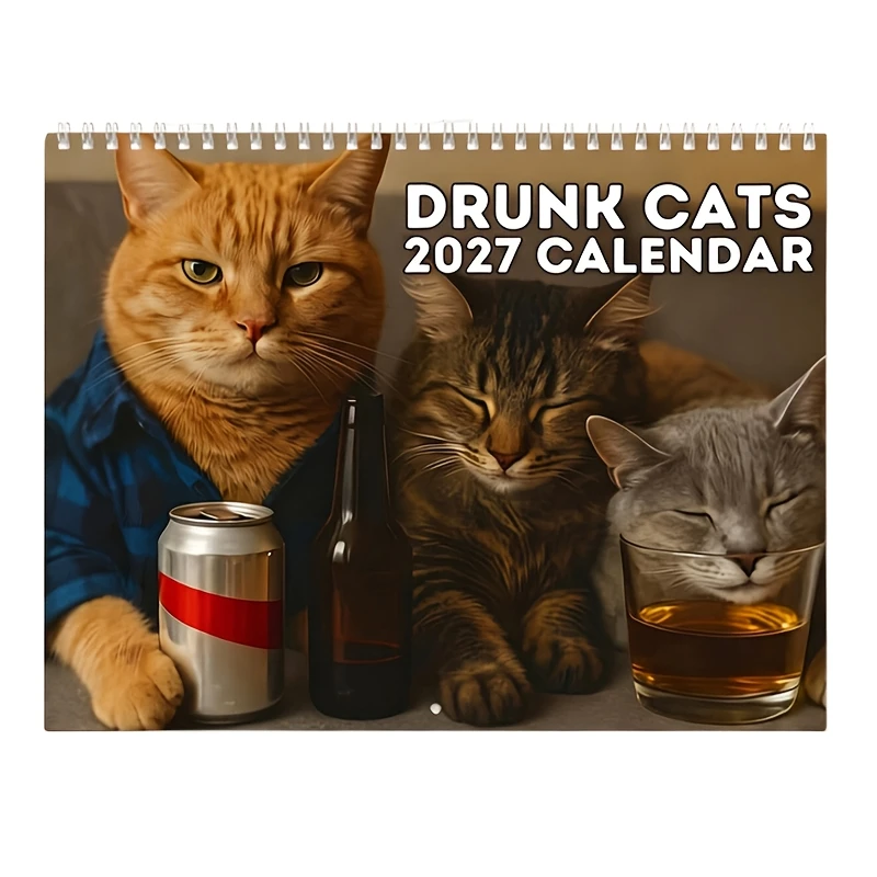 Funny Drunk Cats 2027 Hanging Wall Calendar 12 Month Monthly Planner with Cute Cat Artwork Wall Decor Novelty Gift for Cat Fans