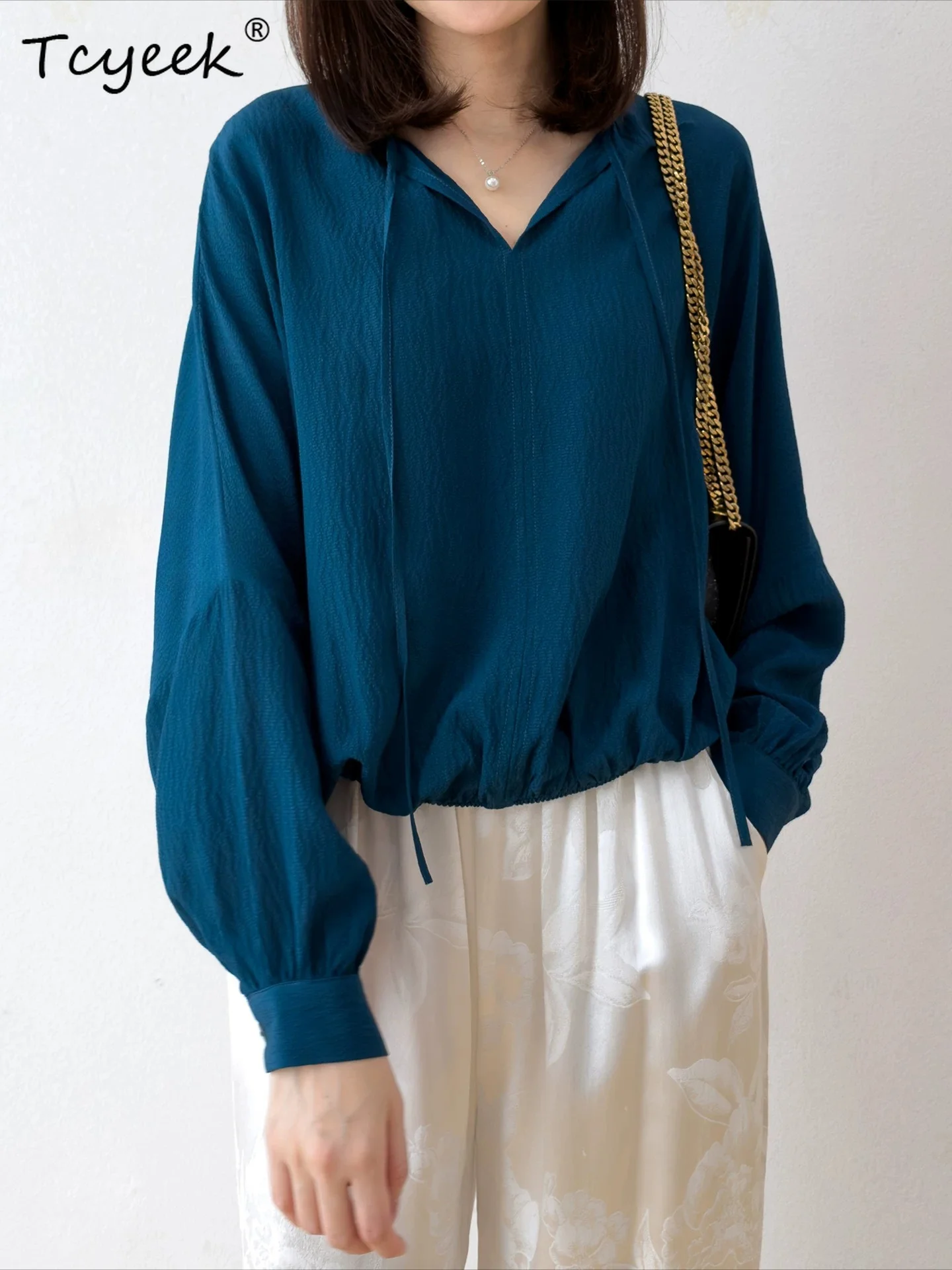 

Tcyeek 100% Real Mulberry Silk Womens Blouses Long Sleeve Top Women Elegant Shirts 2026 Summer Clothes Lace-up Camisa Feminina