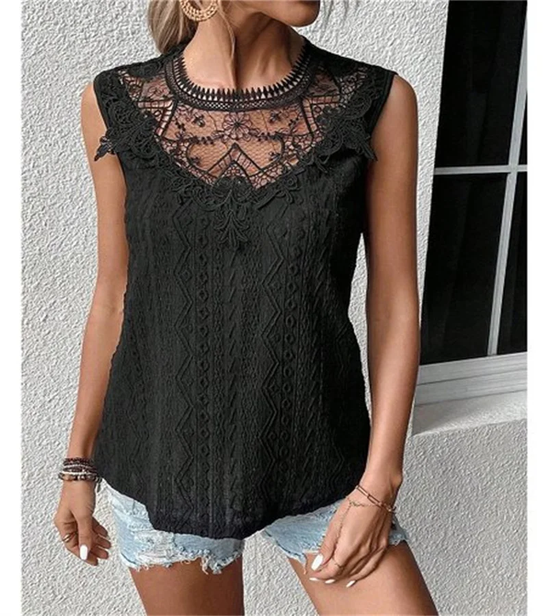 Cross-border hot spring new pure-color vest woman Europe and the United States sweet wind lace stitching sleeveless blouse woman