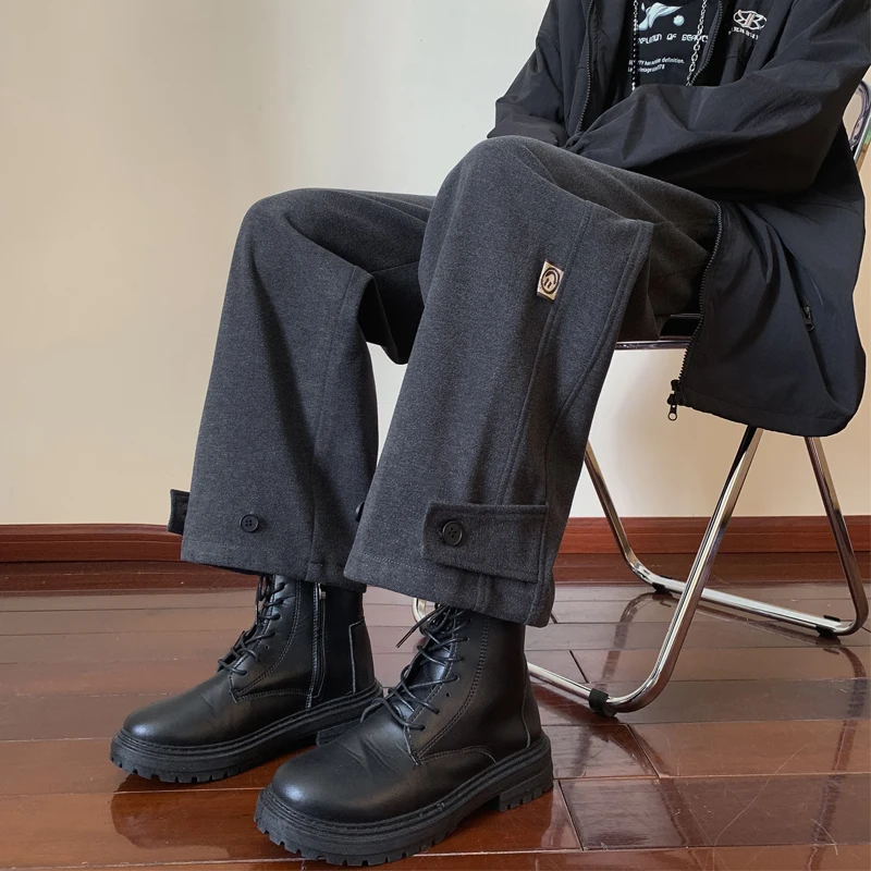 

Thiened Woolen Men's Casual Pants Spring Autumn Loose Large Size Wide Leg Straight Cut Smart Casual Long Trousers