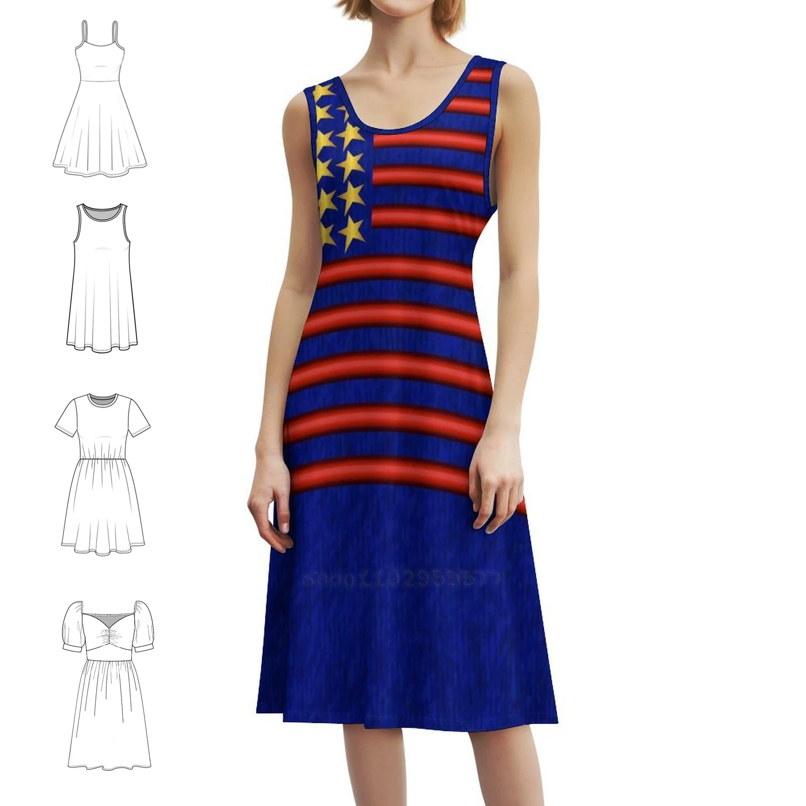 النجوم والمشارب (الولايات المتحدة الأمريكية 1) فستان على الطراز الكوري للنساء فستان كاجوال أنيق للحفلات أو الملابس اليومية نجوم وخطوط الولايات المتحدة الأمريكية