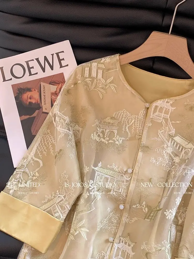 꽃 자수 쉬폰 블라우스 여성 느슨한 소매 빈티지 당나라 탑 중국 스타일 레트로 버클 탑