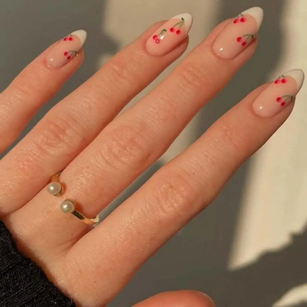 Manicure Long Almond False Nails French Purple Love Heart Fake Nials Detachable Flowers Nail Tips Women