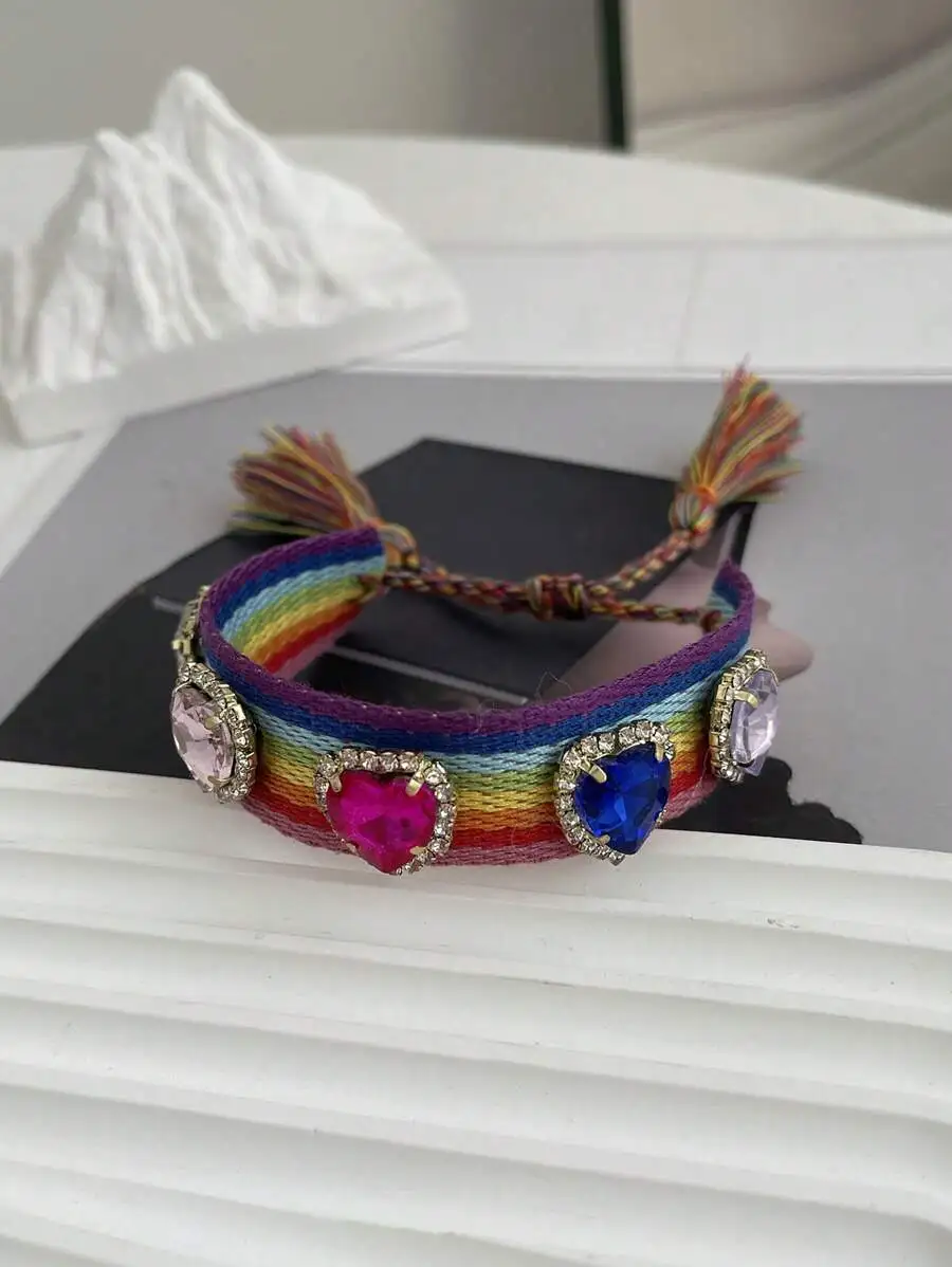 

Bohemian Rainbow Heart Rhinestone Adjustable Woven Bracelet For Women