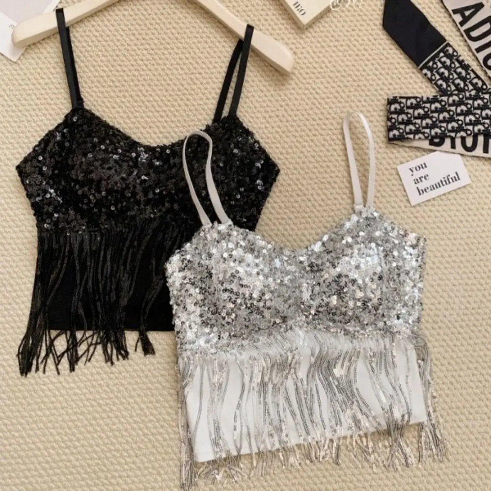 

New Sparkly Sequin Sequin Camisole Anti-exposure Beautiful Back Tank Top Chest Pad Sleeveless Top Women