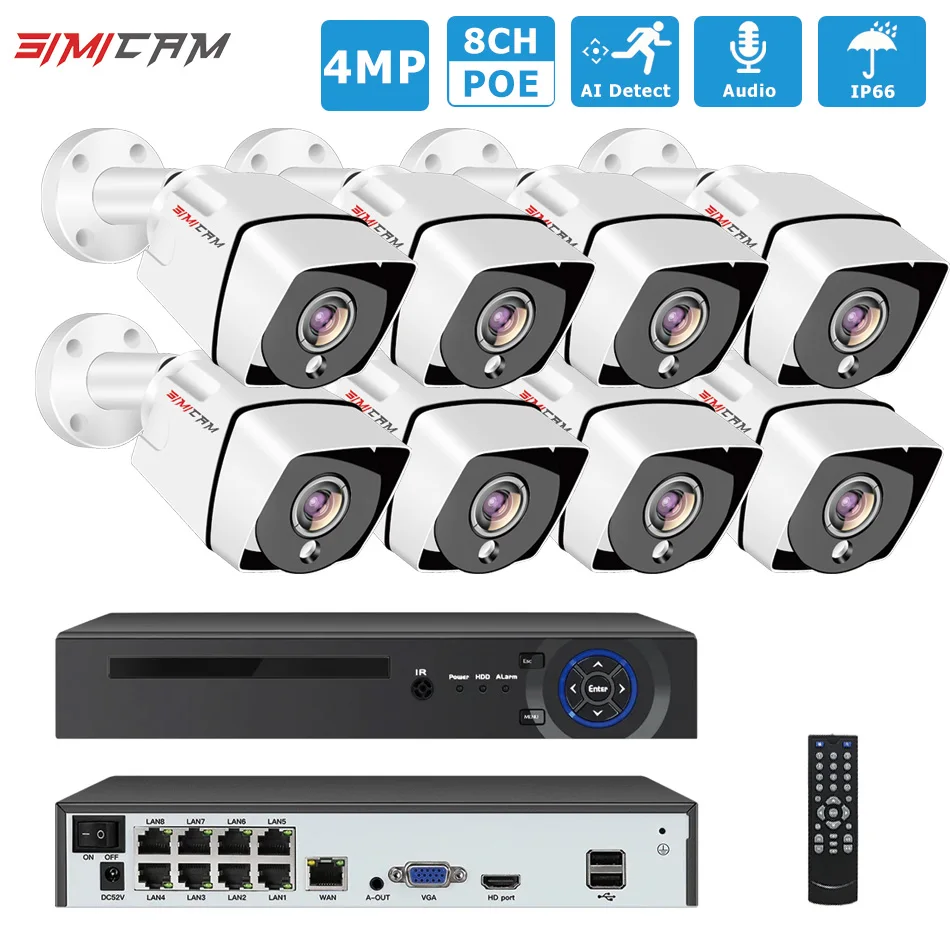 

4MP POE Security System NVR Kit 8CH NVR 8/6/4 PCS Waterproof Metal Shell Street Camera With cables Audio Video surveillance Set