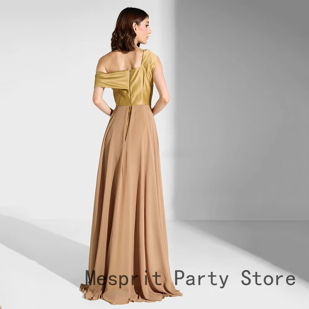 Elegancka Złota Suknia Wieczorowa Długa Sukienka na Bal Studniówkowy Jedno Ramię Linia A Formalna Suknia na Przyjęcie Falbany Kwiaty Sukienka Arabia Saudyjska