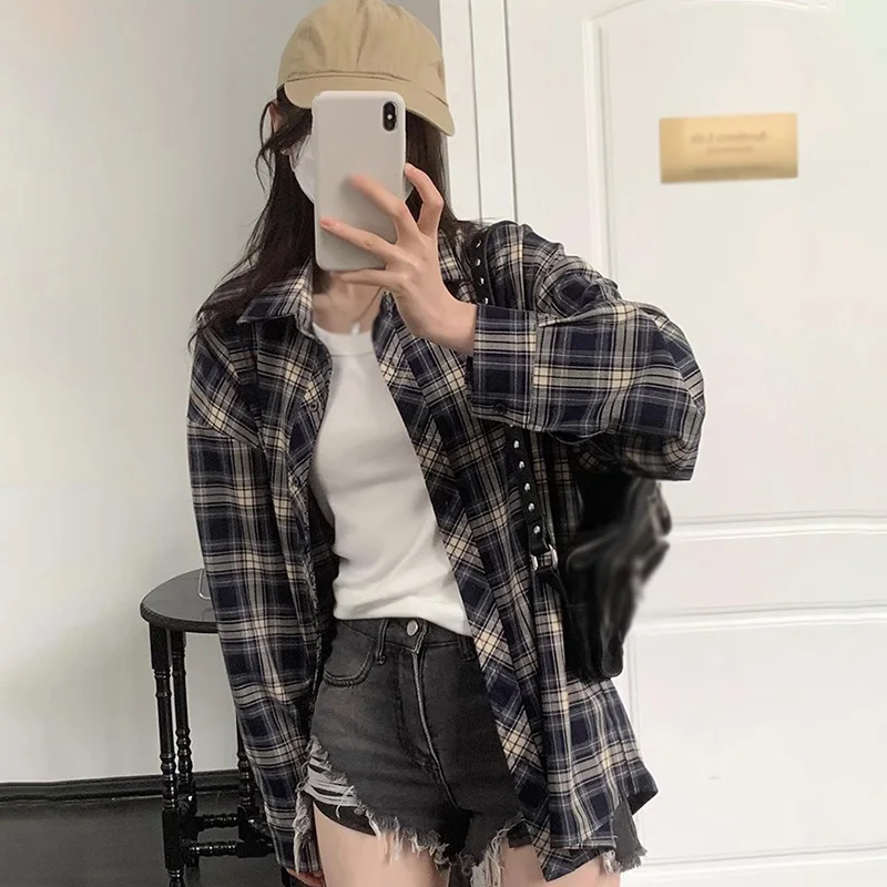 Woman Summer Vintage Plaid Lapel Collar Loose Casual Versatile  Sun Protection Long Sleeve Shirt