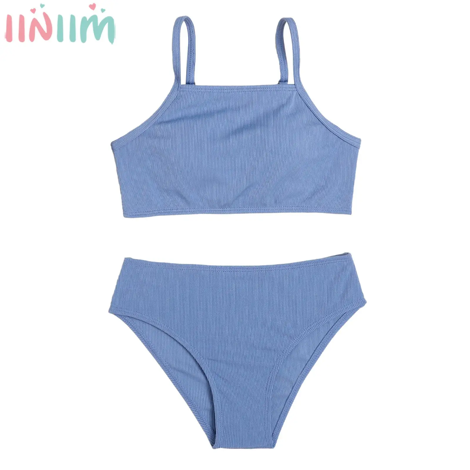 

Kids Girls Summer Swimwear Tankini Solid Color Adjustable Straps Removable Chest Pads Tops and Briefs Set Beach Bikini Swimsuit