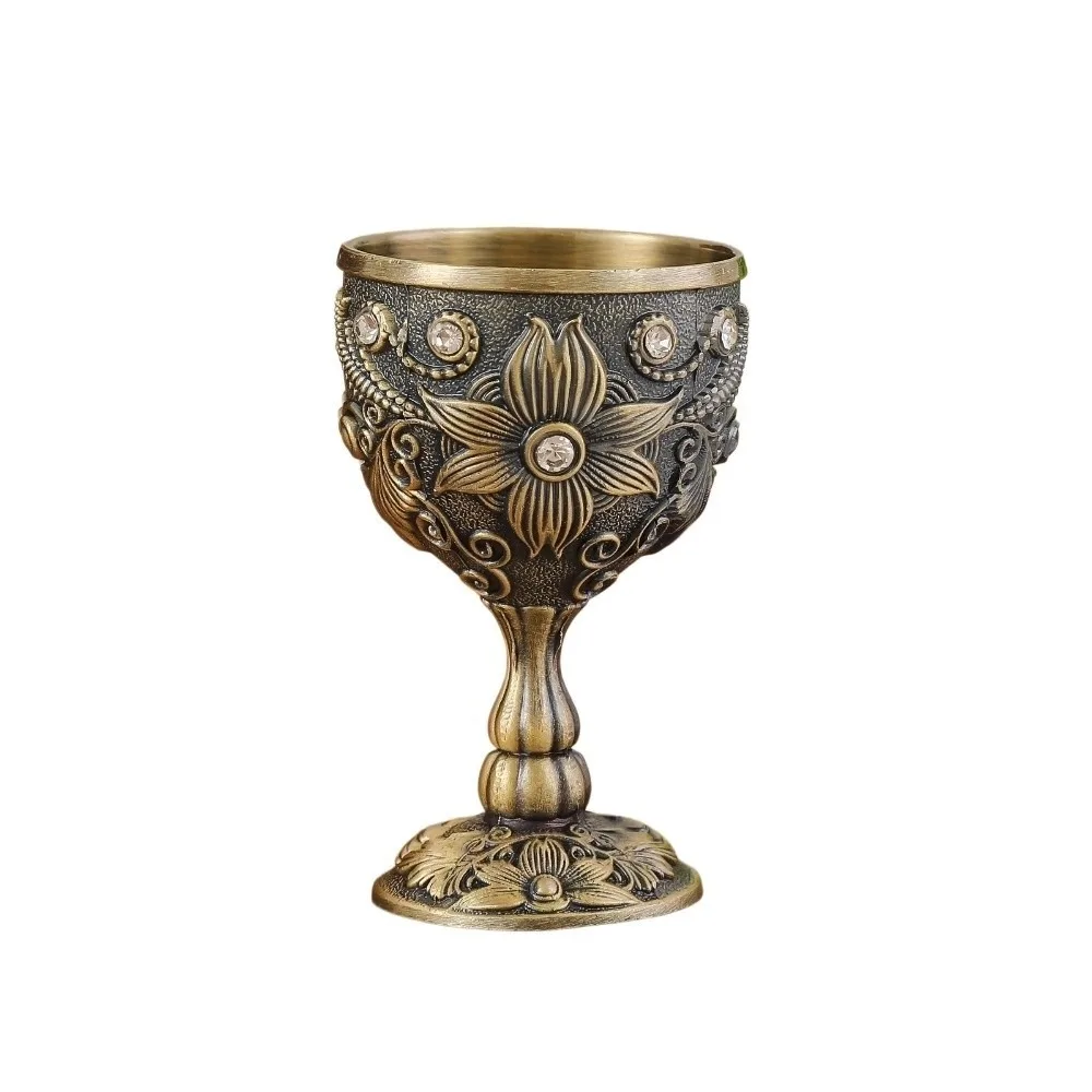 Flower Embossed Metal Chalice Goblet European Style Decorative Vintage Wine Cup Rhinestone Medieval Vodka Champagne Liqueur Cup