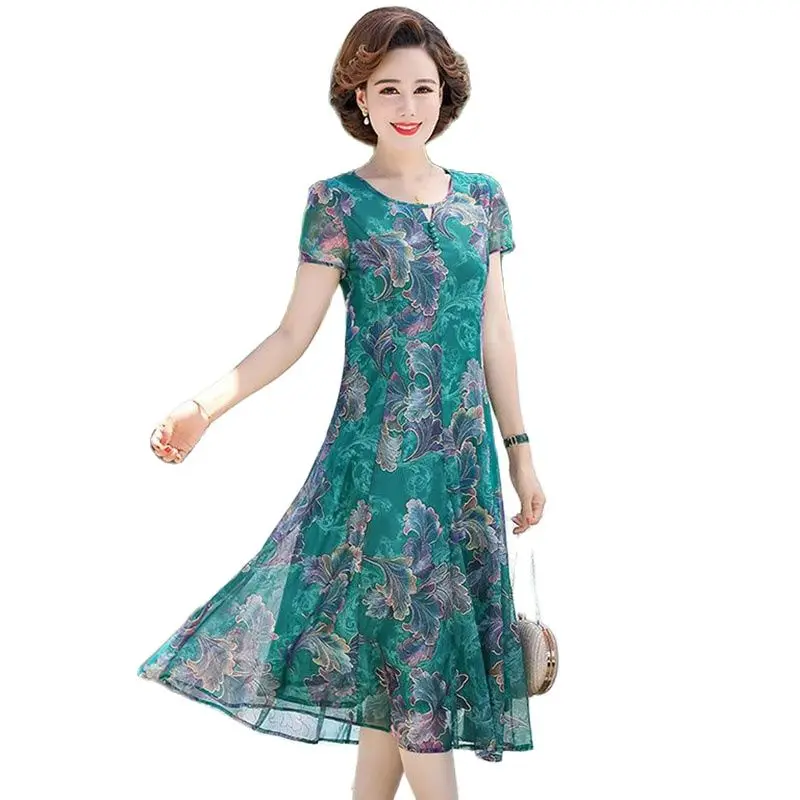 

Summer Chiffon Print Dress Fashionable Middleaged Lady Noble Short Sleeves Long Loose Elegant Slim Temperament Cover Belly Skirt