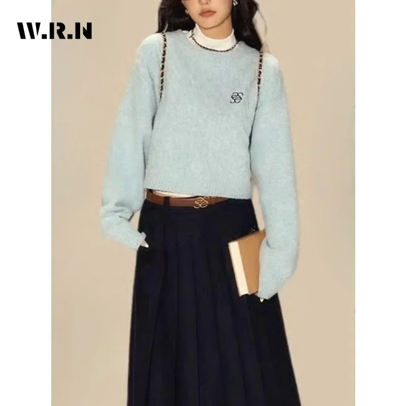 2025 inverno elegante dolce girocollo lavorato a maglia manica lunga blu pullover donna nozioni di base chic signore maglione slim fit top corto