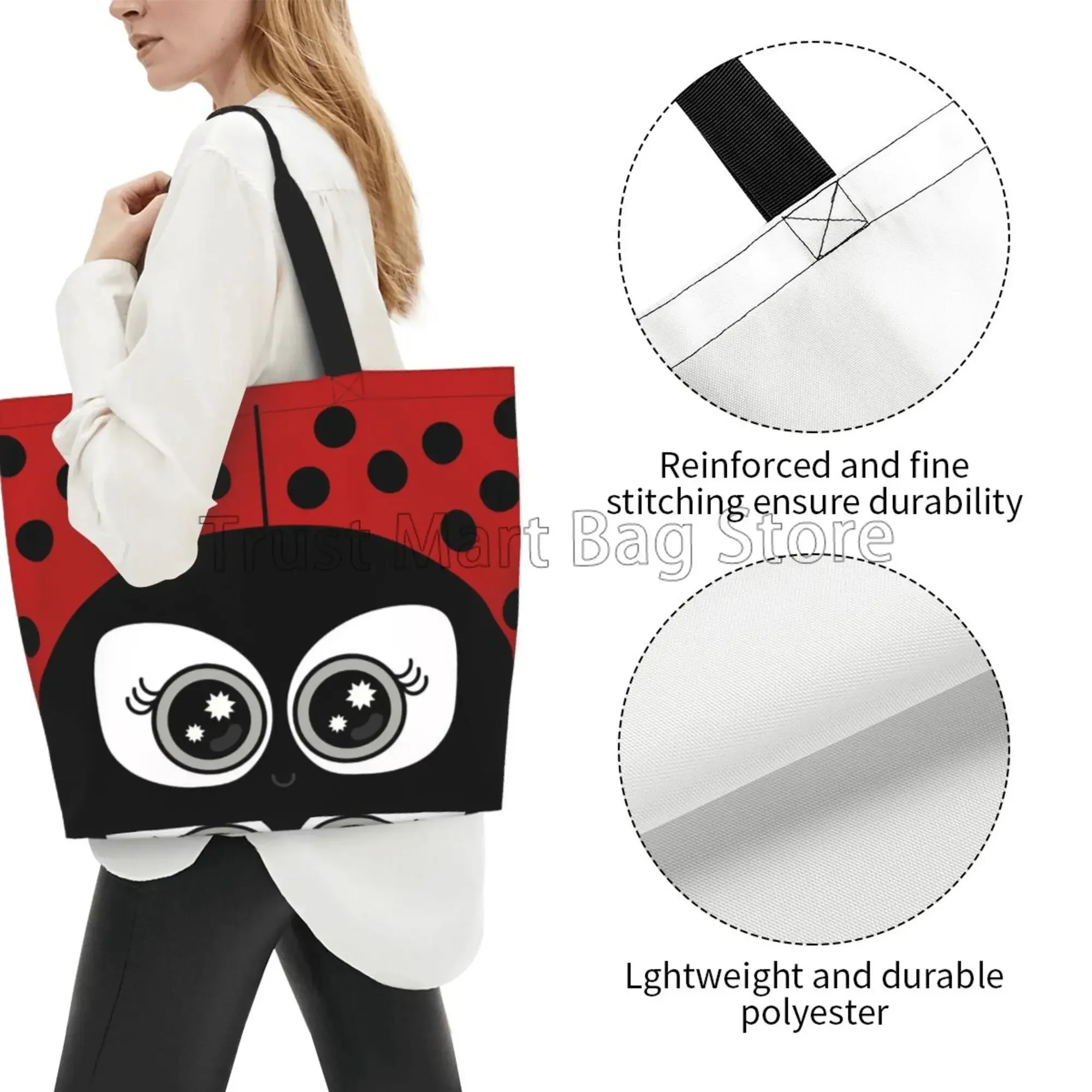 Cute Cartoon Ladybug Tote Bag for Women Beach Bag Portable Waterproof Handbag Reusable Grocery Bags for Travle Gym Shopping