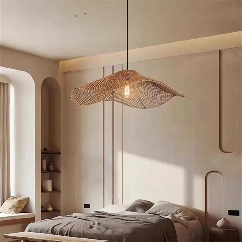 Retro Petal Shape Rattan Pendant Light Woven Rattan Chandelier for Dinning Room Bedroom Straw Hat handmade rattan Pendant lamp