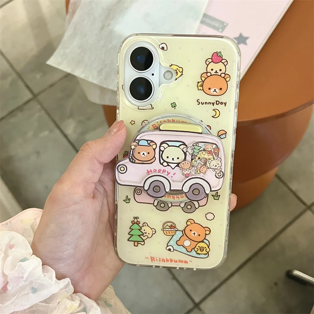 

Cute Car Travel Bear Magsafe Wireless Charge Case For iPhone 16 15 14 13 12 Pro Max Cartoon Couple Bear Magnetic Stand