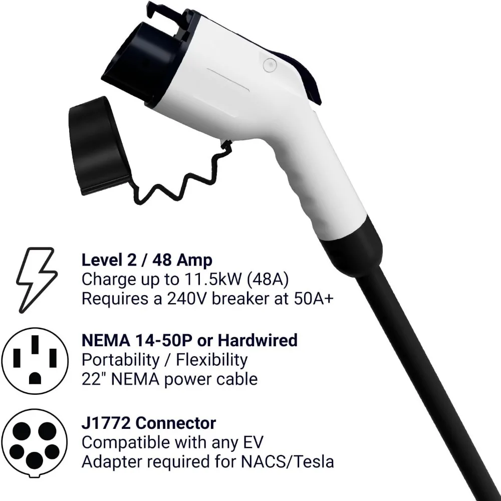 2 EV Charger - NEMA 14-50 EVSE w/ J1772 Charger - 48 amp EV Charger Level 2, 240v WiFi Enabled Electric Vehicle Charging Station