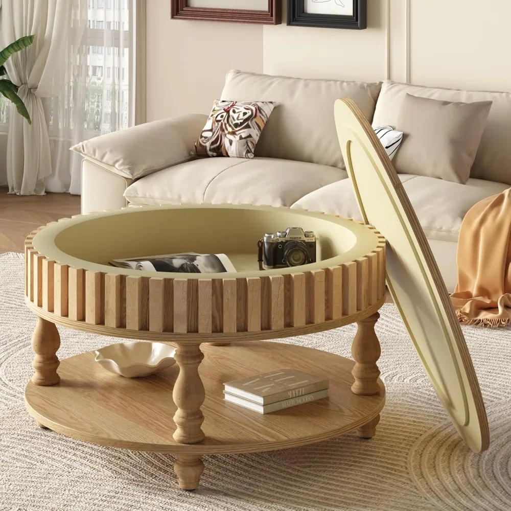 

31.49'' Round Wood Coffee Table with Storage 2-Tier Circle Fluted Coffee Tables Pottery Barn Country Rustic Center Tables