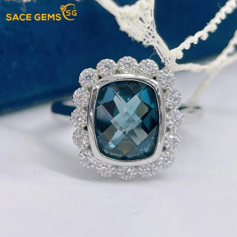 

SACEGEMS 925 Sterling Silver 8*10mm Natual London Blue Topaz Luxury Rings for Women Created Wedding Engagement Band Fine Jewelry