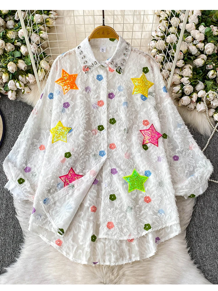 

Fashion Nail Bead Polo Collar Denim Shirt for Women New Long Sleeved Sequin Single Breasted Loose Casual Shirt Top C540