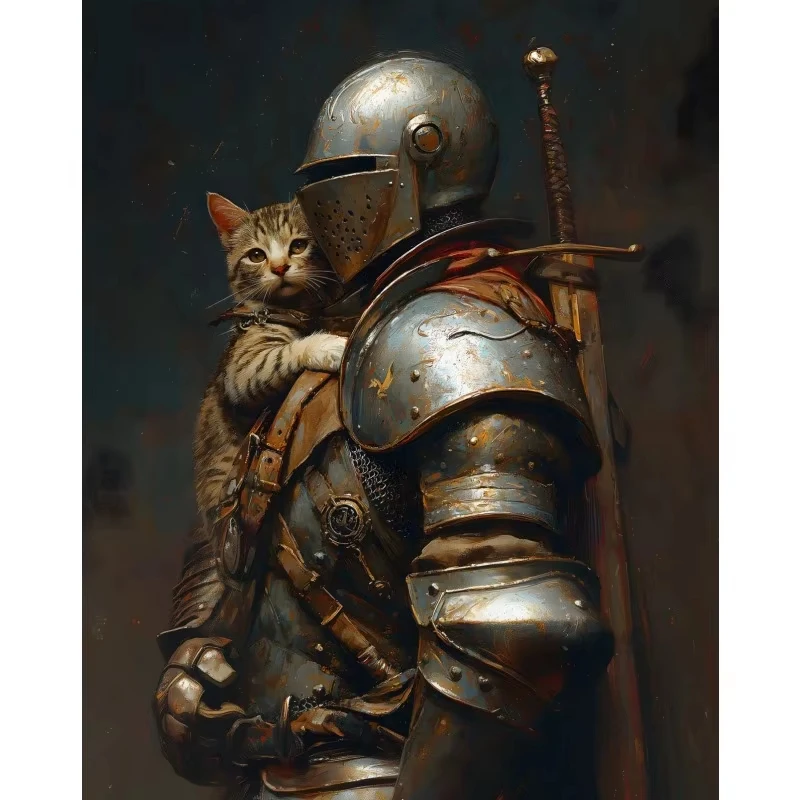 中世の鎧を着た騎士がトラ猫を抱いている油絵ジグソーパズル家族ストレス解消ゲーム家の壁の装飾ホリデーギフト