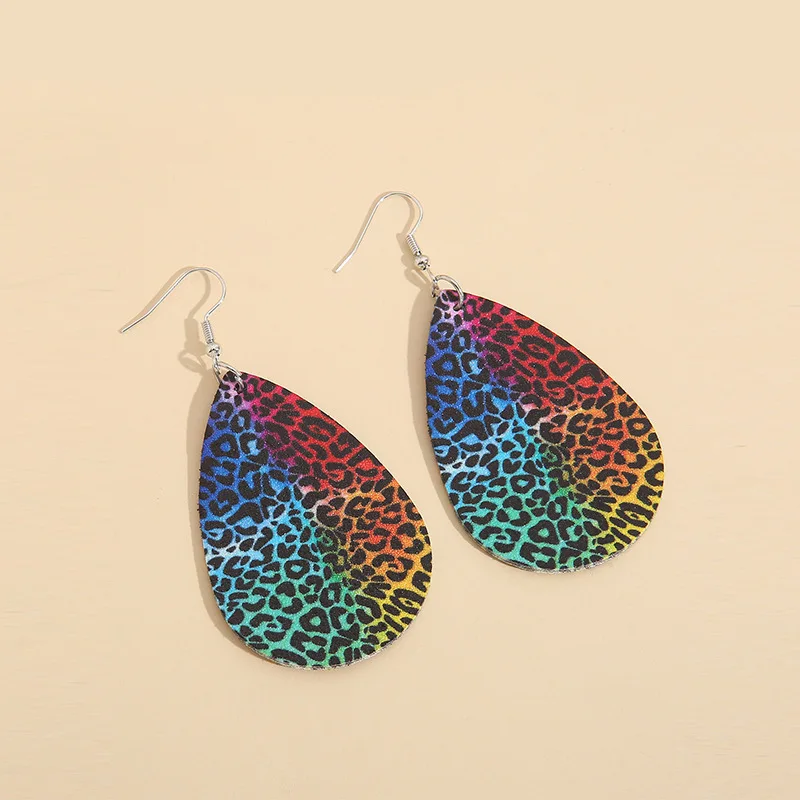 Leather earrings, water drop leopard print double-sided color gradual change trend earrings