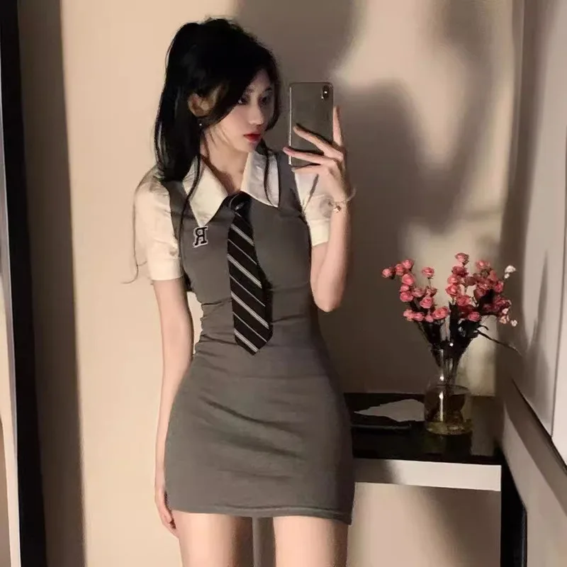 

Jk Pure Desire Polo Tie Fake Two Piece Short Sleeve Waist Slimming Fitted Tight Butt Hugging College Style Dress Women Summer
