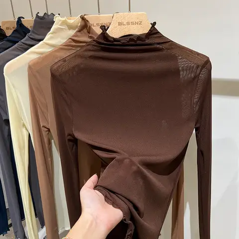 봄 여름 여성 긴 소매 섹시한 블랙 메쉬 탑 블라우스 투명 펑크 Clubwear 셔츠 티셔츠 비치 탑 숙녀 하단 탑