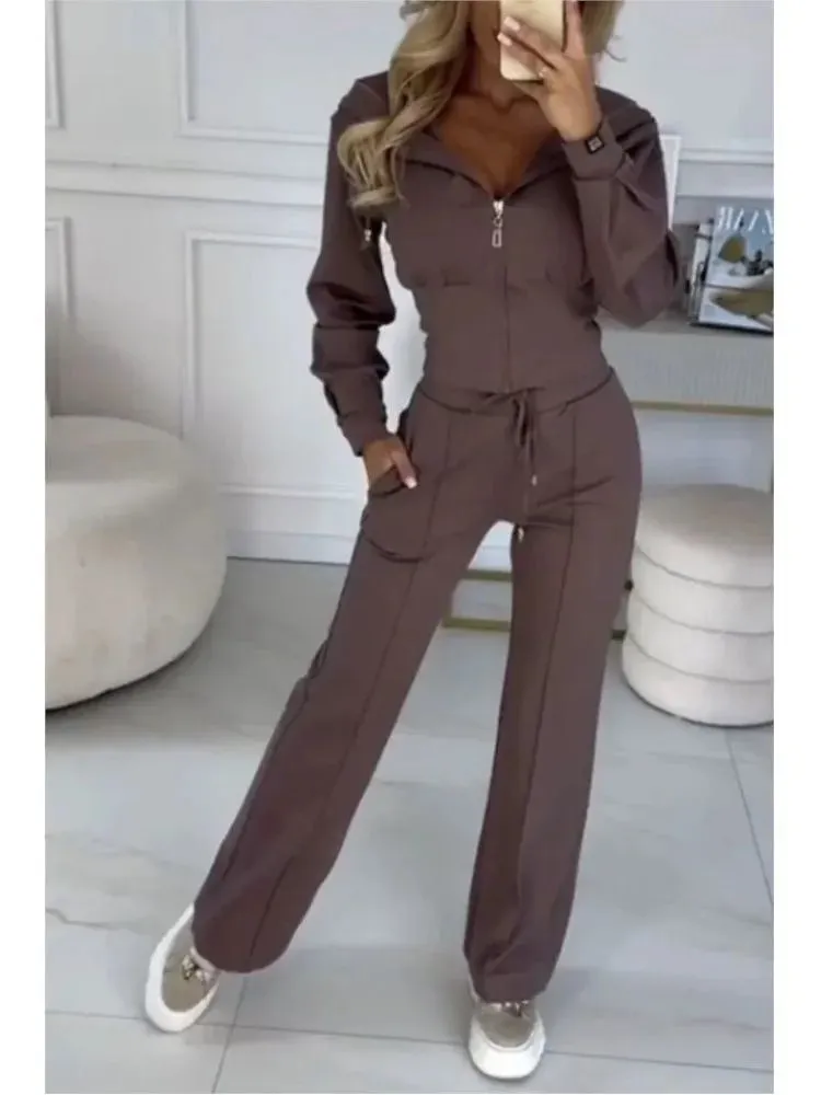 

Waist Cinching Hooded Wide Leg Set Pure Color Drawstring Casual Sportswear Two-Piece Suit for Women V-Neck Zipper Fastening