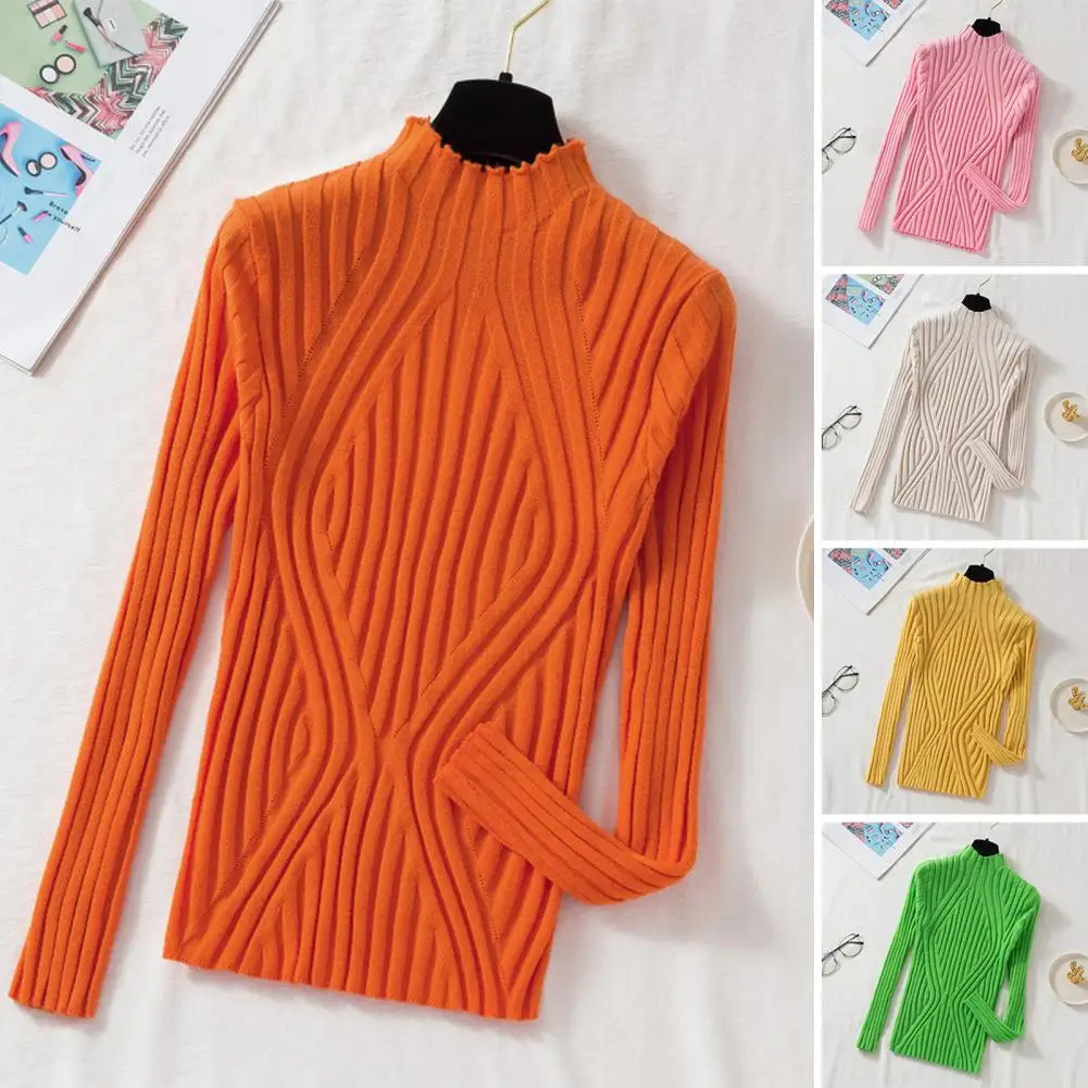 Women Knitting Tops Half High Collar Long Sleeve Slim Fit Pullover Tops Solid Color Knitwear Lines Texture Autumn Winter Sweater